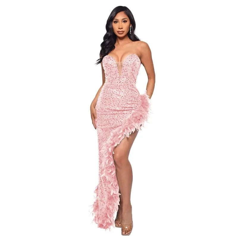 Womens Strapless Sequin Feather Dress For Women Elegant Sleeveless Long Bodycon Prom Evening Dresses