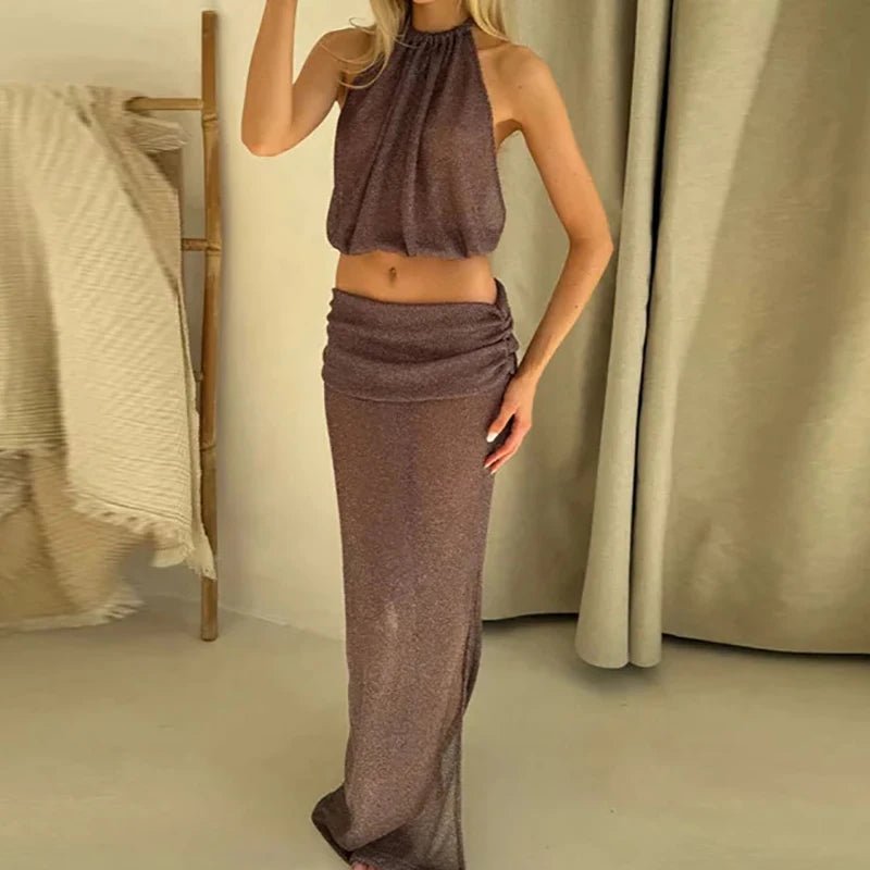 Women's Summer Sleeveless Halter Top Maxi Skirt 2PCS Sets Backless Simple Outfit Solid Lace - Up Fashion Ladies Suits Streetwear - SN Wigs & More