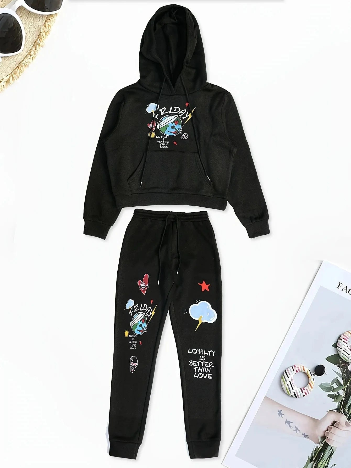womens two piece jogger hoodie set printed fashion slim fit sweatpants and hoodie set