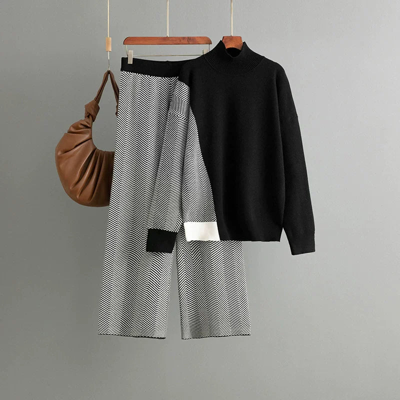Women's Two Piece Knit Set With Turtleneck Sweater And High Waist Pants Casual Style - SN Wigs & More