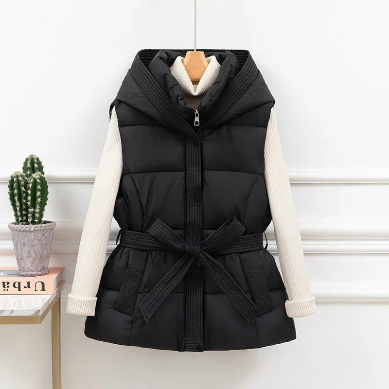 Women's Vest Jacket Hooded Zipper Pockets Cinched Waist Casual Winter Office Style - SN Wigs & More
