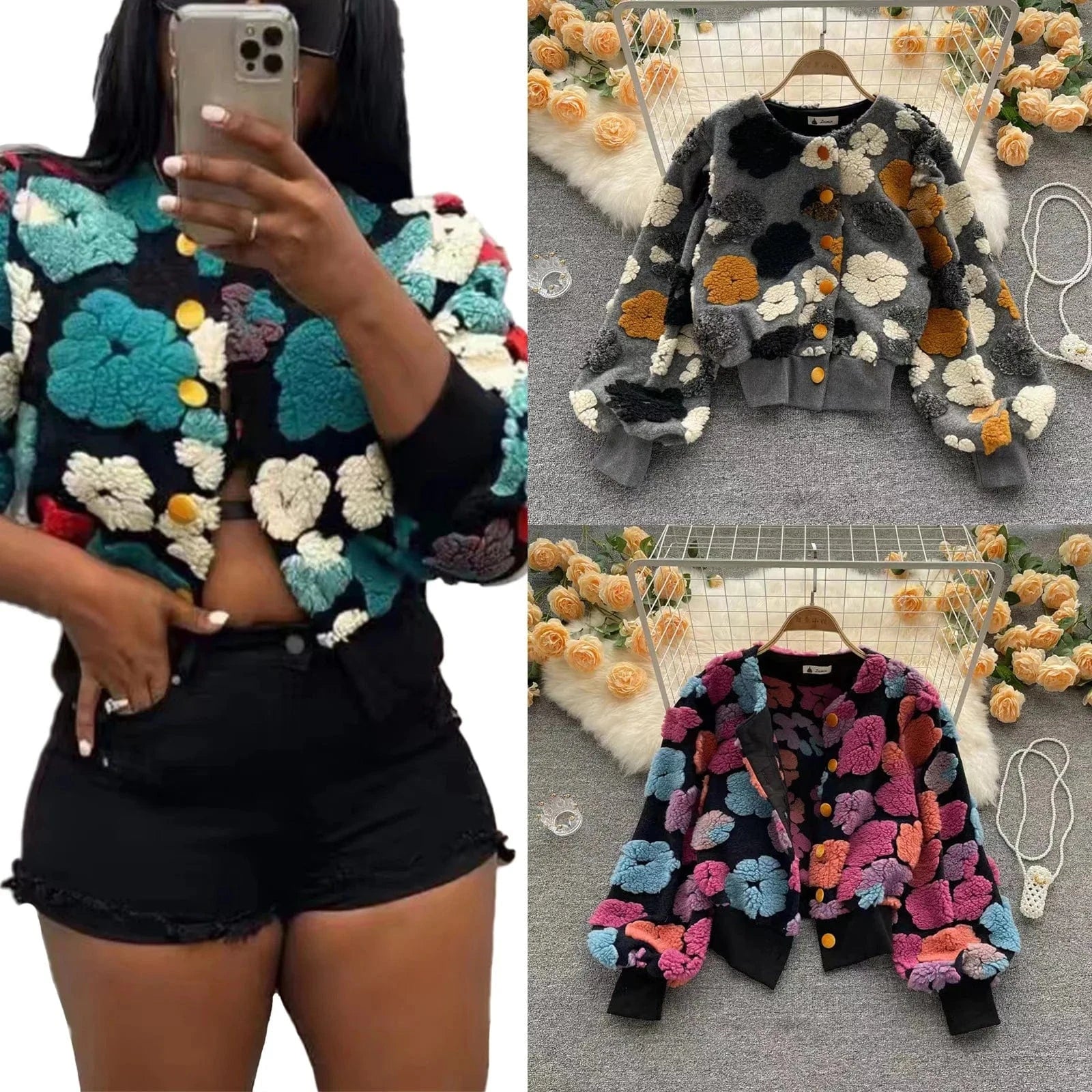 XH031 New Streetwear Spring Autumn Fall Winter Fashion Lady Color Blocking Patchwork Floral Short Pink Baseball Women's Jacket