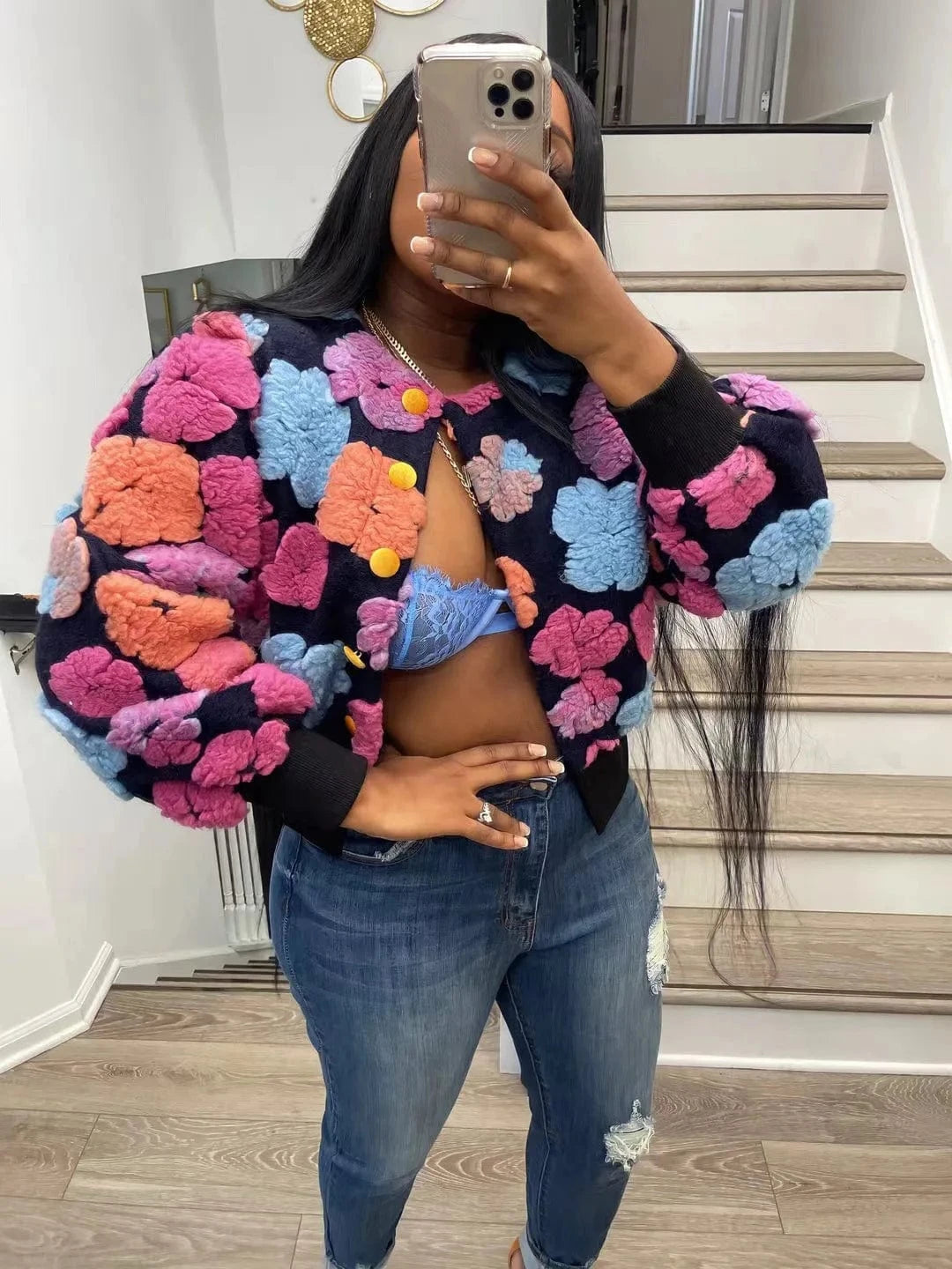 XH031 New Streetwear Spring Autumn Fall Winter Fashion Lady Color Blocking Patchwork Floral Short Pink Baseball Women's Jacket