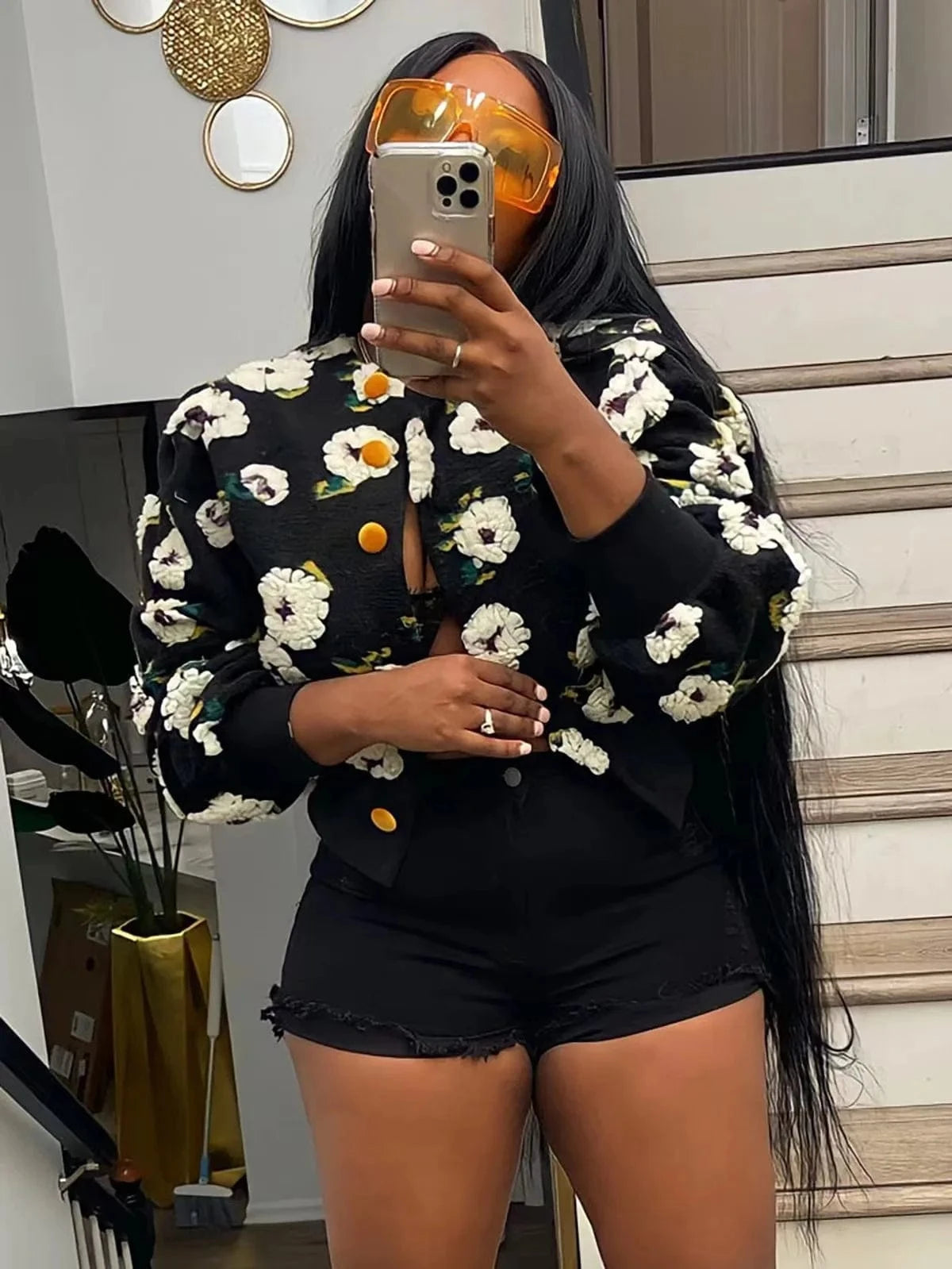 XH031 New Streetwear Spring Autumn Fall Winter Fashion Lady Color Blocking Patchwork Floral Short Pink Baseball Women's Jacket