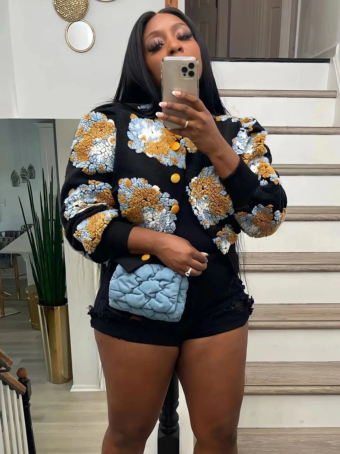 XH031 New Streetwear Spring Autumn Fall Winter Fashion Lady Color Blocking Patchwork Floral Short Pink Baseball Women's Jacket