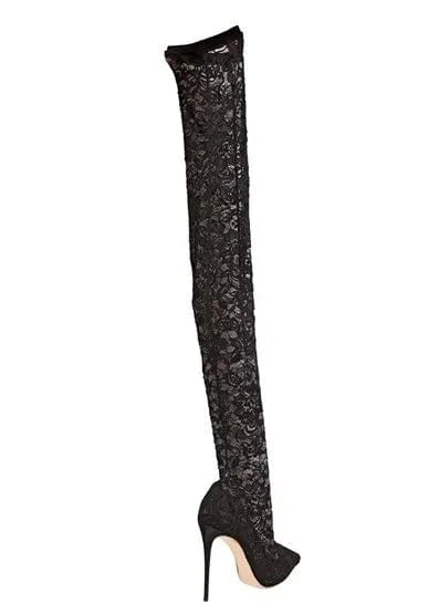 Xinzirain OEM/ODM customer logo and design black stretch lace over-knee boots with pointed toes and thin heels boots