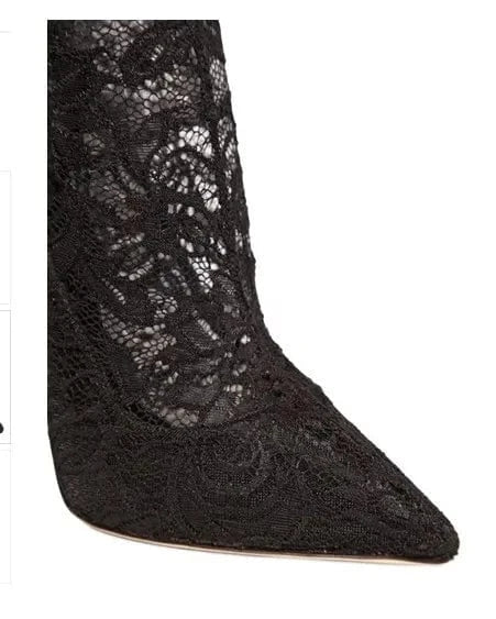 Xinzirain OEM/ODM customer logo and design black stretch lace over-knee boots with pointed toes and thin heels boots