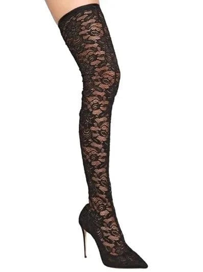 Xinzirain OEM/ODM customer logo and design black stretch lace over-knee boots with pointed toes and thin heels boots