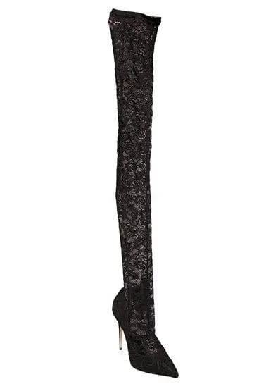 Xinzirain OEM/ODM customer logo and design black stretch lace over-knee boots with pointed toes and thin heels boots