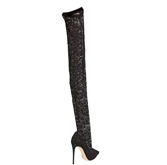 Xinzirain OEM/ODM customer logo and design black stretch lace over-knee boots with pointed toes and thin heels boots