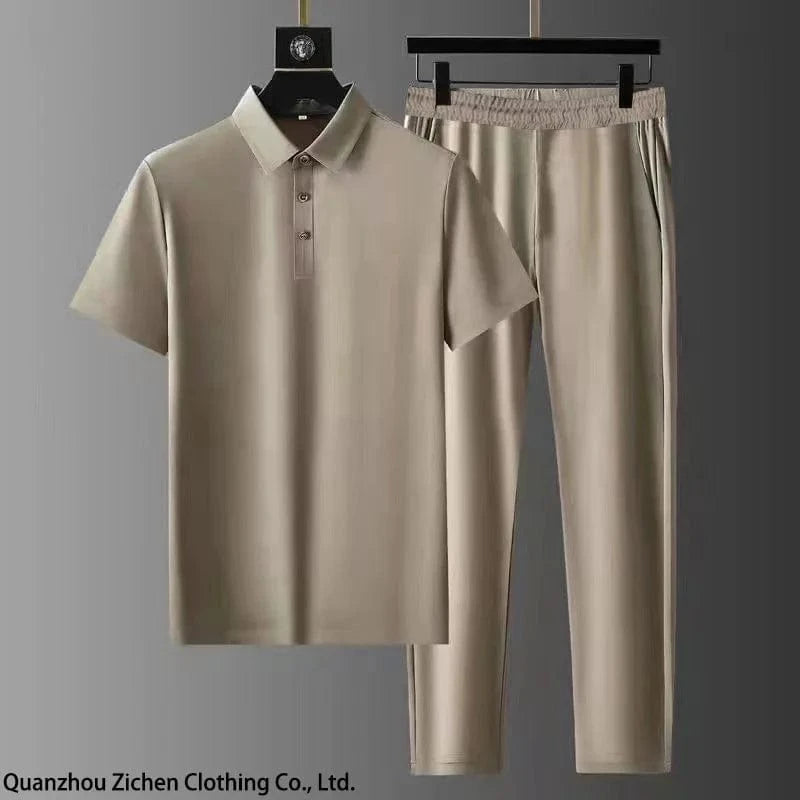 XL / 1 2024 Summer Thin Sports Set Men's Fashion Solid Color Polo Neck T-shirt Long Pants Men's Clothing Set