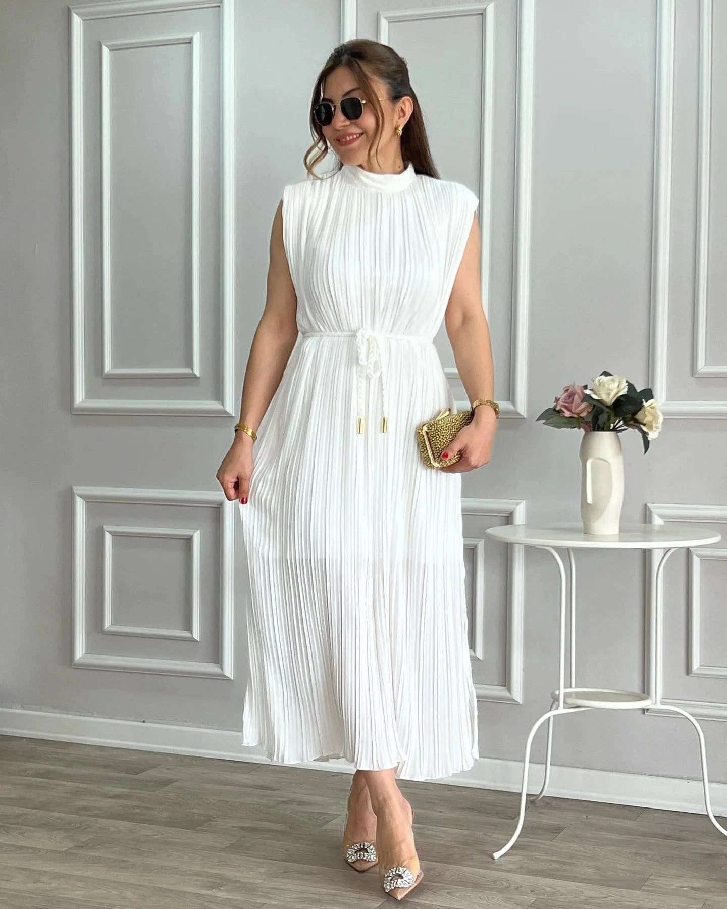 XL / 1 J&H New Arrivals 2024 White Elegant Lady Sleeveless Lace Up Midi Dress African Slit Slim Fit Business Streetwear Casual Dress