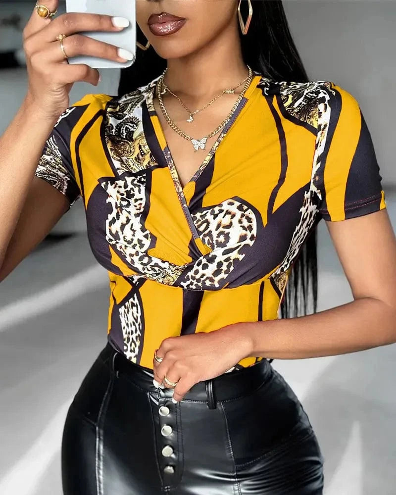 XL / 1 J&H Spring Women Clothing 2024 Chic Silk Satin Long Sleeve V Neck Casual Printing Shirt Ladies Elegant Office Shirt