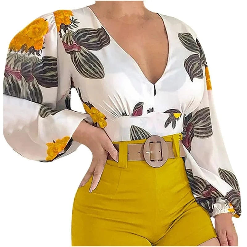 XL / 2 2024 T-Shirt Sexy Crop Top spring Elegant Long Sleeve V Neck Ruffle Chiffon Trim Floral Print Shirt Tops Clothing For Women