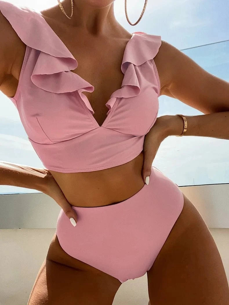 XL / #2 Bikini 2024 Wholesale New Sexy Multi-color Lace V-neck Ruffled High Waist Split Swimsuit Bikini Set Women