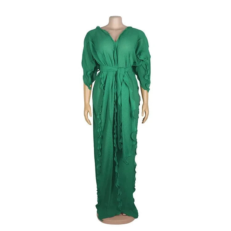 XL / 2 J&H 2024 Half Sleeve Ruched Lace Up African Women's Dress Sexy V-Neck Pleated Ruffled Edge Pearl Chiffon Dress