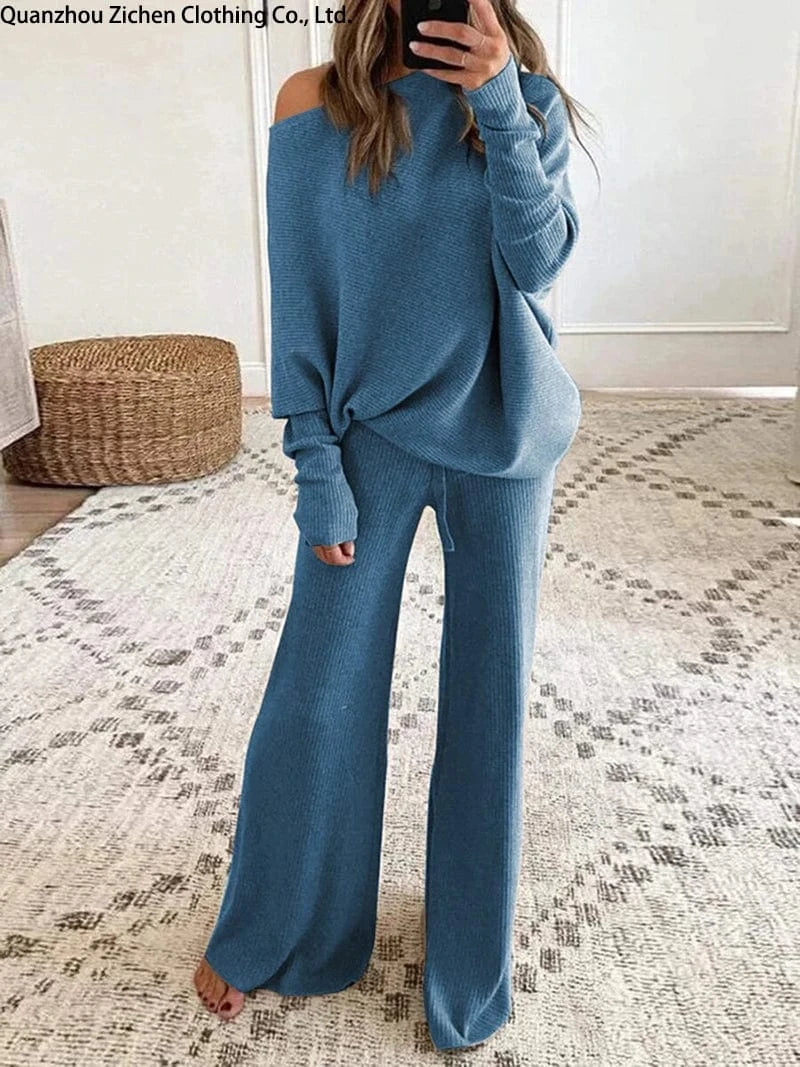 XL / 3 Sweater Set Women Casual Tracksuit Spring Autumn Knitted Suits 2 Piece Set Warm Long Sleeve Sweater Pullovers Wide Legs Pants