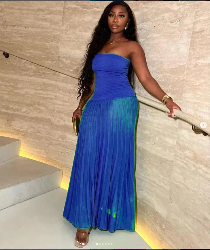 XL / 3 ZHEZHE Summer 2024 Tube Top Strapless Pleated Long Skirt Dress Solid Shinny Casual Maxi Dresses