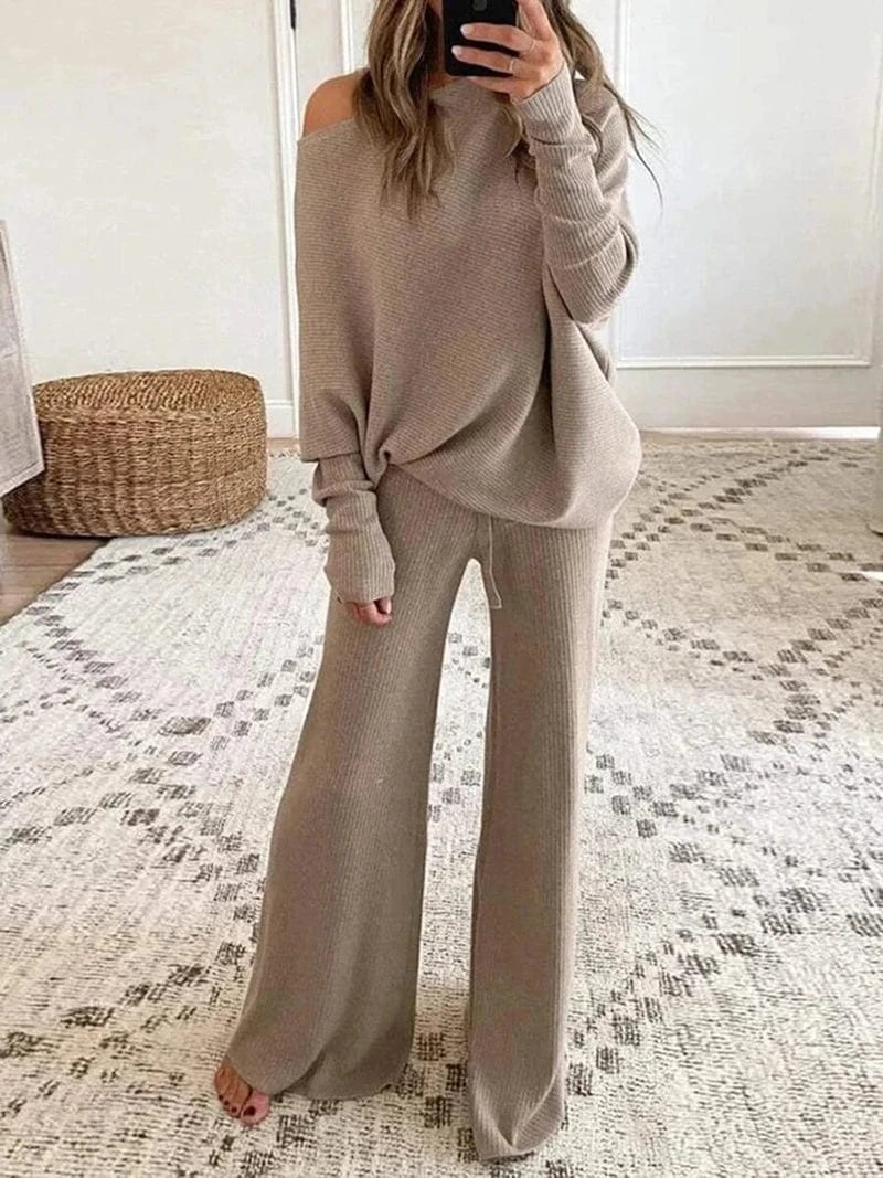 XL / 4 Sweater Set Women Casual Tracksuit Spring Autumn Knitted Suits 2 Piece Set Warm Long Sleeve Sweater Pullovers Wide Legs Pants