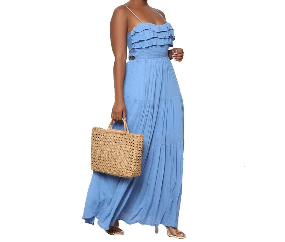 XL / 4 ZHEZHE Casual Summer 2024 New Arrivals Sleeveless Mushroom Edge Backless Bow Tie Women'S Maxi Dress