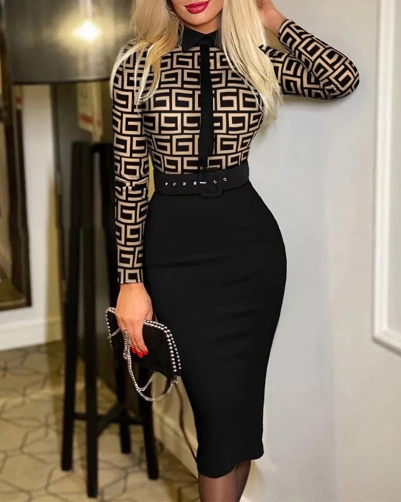 XL / 7 2024 Women Sexy Long Sleeve Dress Fall Winter Vintage Print Slim Office Midi Dresses Women's Party Dress