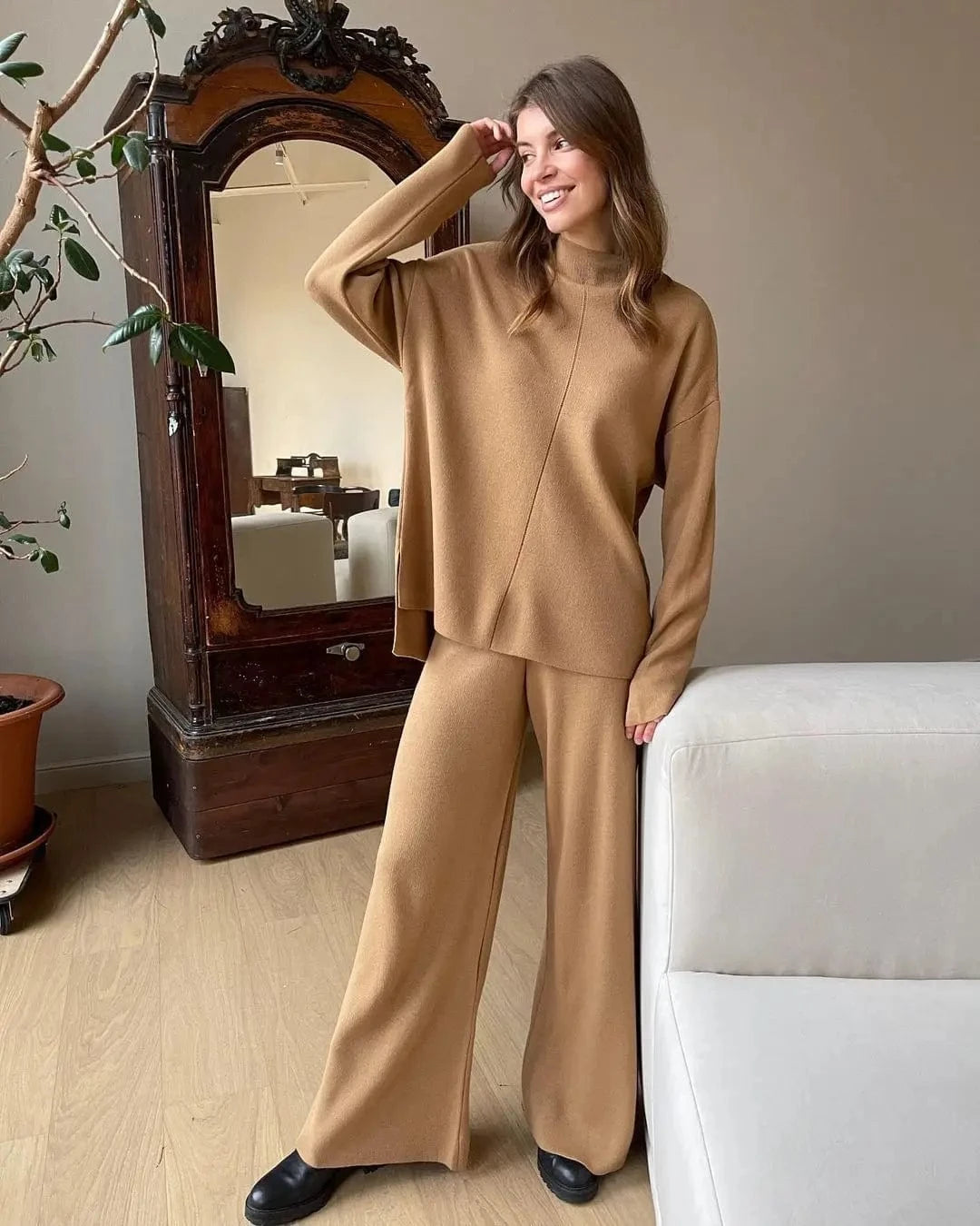 XL / 9 2024 Autumn Wholesale Fashion Loose Solid Color Split Top Warm Thick Knit Pullover Long Pants Suit Women's 2 Piece Sweater