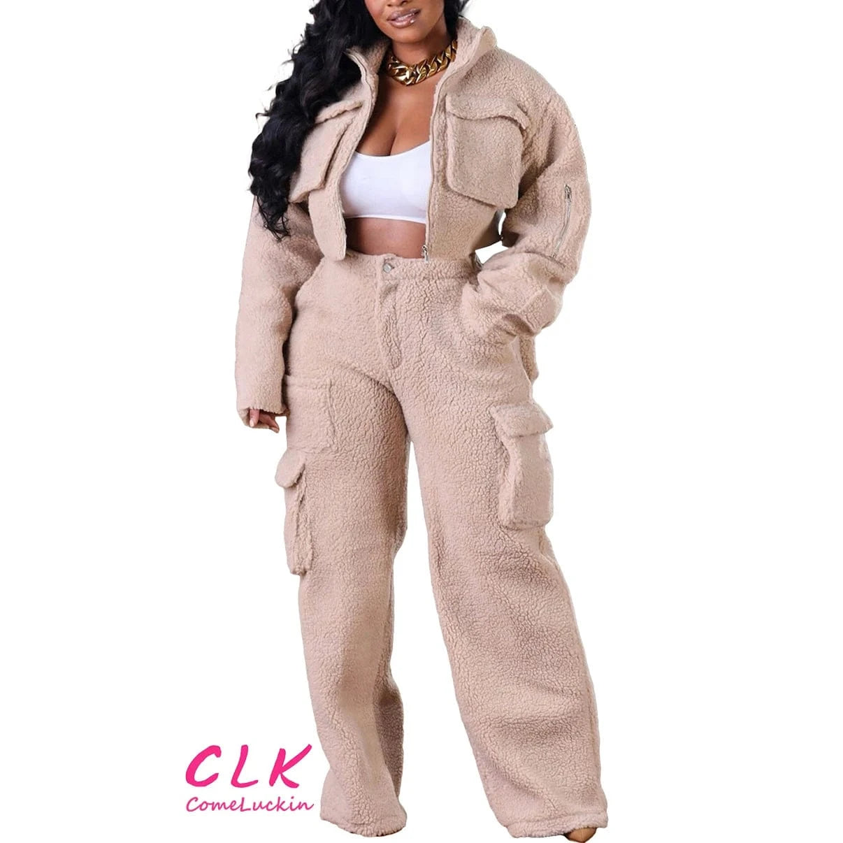 XL / apricot Custom Logo 2024 Winter Warm Thick Women's Fleece Set Long Sleeve Full Zipper Cargo Pockets Pants Women Two Piece Set For Women