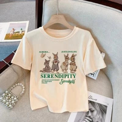 XL / Apricot T-Shirt for Women 2023 Summer New Design Printed Cute Rabbit Streetwear T-Shirt Slim Breathable Cotton Ladies T-Shirt