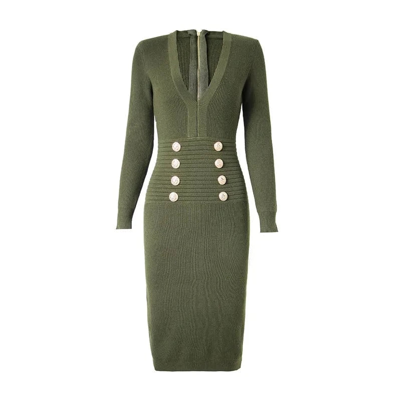 XL / Army Green Spring 2023 new arrivals knitted dress women casual long sleeve sweater dress casual deep V neck knit dresses