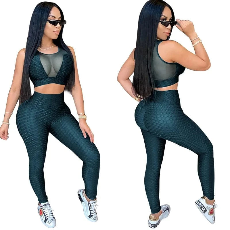 XL / Army Green XS-5XL two-piece sports suit female jogging pants 2-piece tight see-through sexy sleeveless yoga sports suit