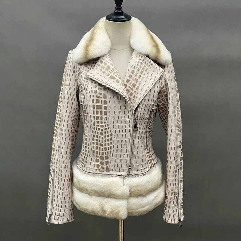 XL / Beige Fashionable Crocodile Print Fur Trim Sheep Leather Shearling Jacket Women Leather Jacket With Detachable Rex Rabbit Fur