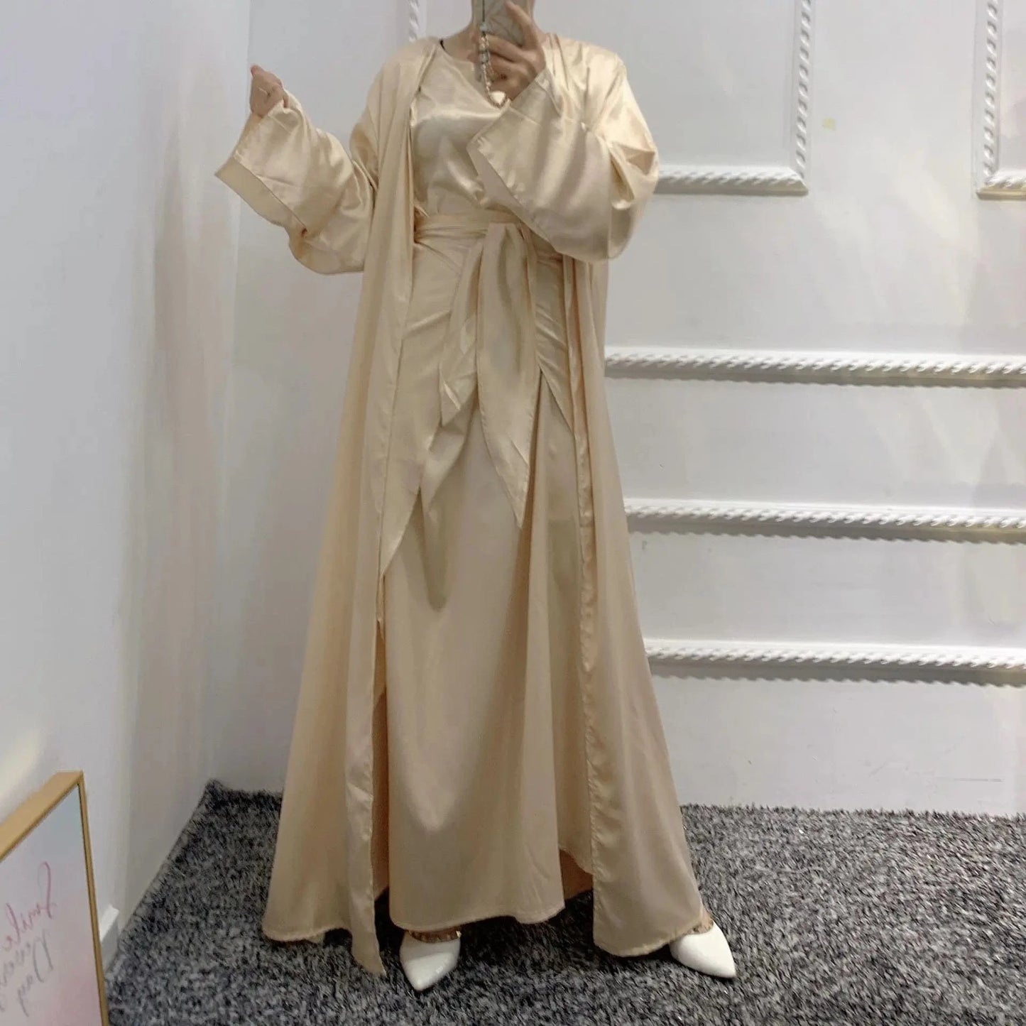 XL / Beige New Designs Arrival Satin Dress Set For Women With Hijab Slip Inner Dress Outer Abaya