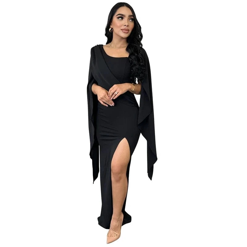 XL / Black 2024 high quality luxury xxl women green ruffled shoulder black green high split long african wedding evening dress for women