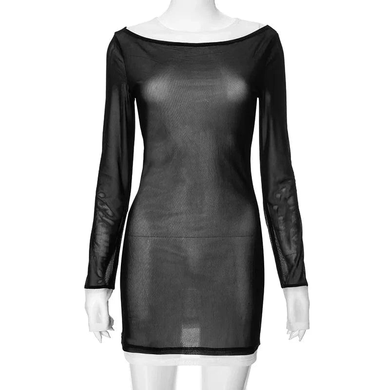 XL / Black 2024 New Arrivals Patchwork O-Neck Bodycon Dress Women Long Sleeve Mini Dress Sexy See Through Mesh Dresses