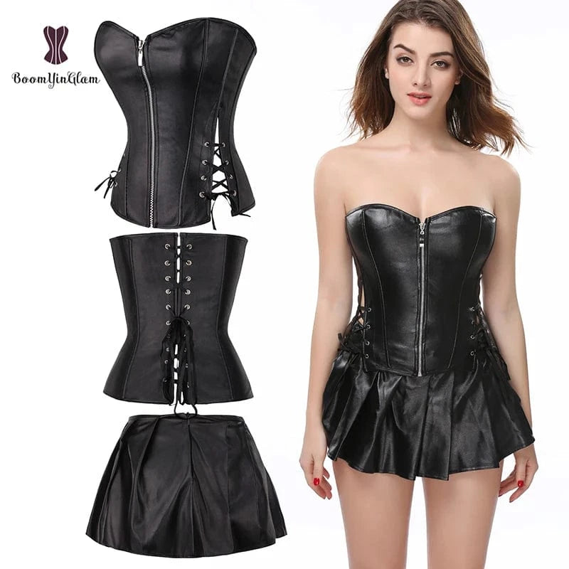 XL / Black 3 Pcs in 1 Ladies Slim Shapers Underwear Plus Size Bustier Top Red Synthetic Leather Corset Dress With G String