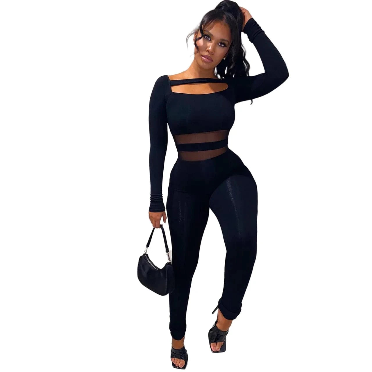 XL / Black Autumn Winter Women Clothing Long Sleeve Jumpsuit One Piece Sexy See Through Mesh Jumpsuit for Women Jump Suits Ladies Casual