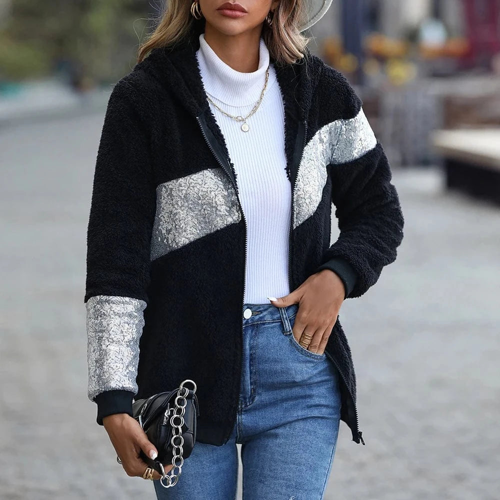 XL / Black DAMOCHIC 2023 New Women Winter Warm Faux Fur Coat Women Sequin Patchwork Overcoat Hooded Jackets Warm Female