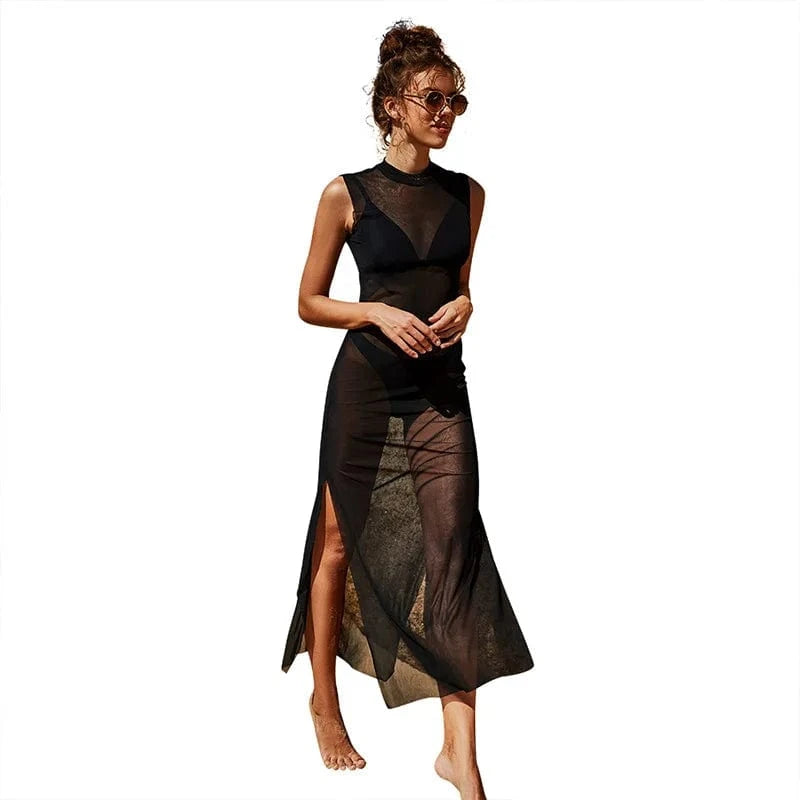 XL / Black DAMOCHIC Swimsuit Cover Up for women Summer Perspective fork beach cover up Crew Neck Bathing Suit cover up dress 2023