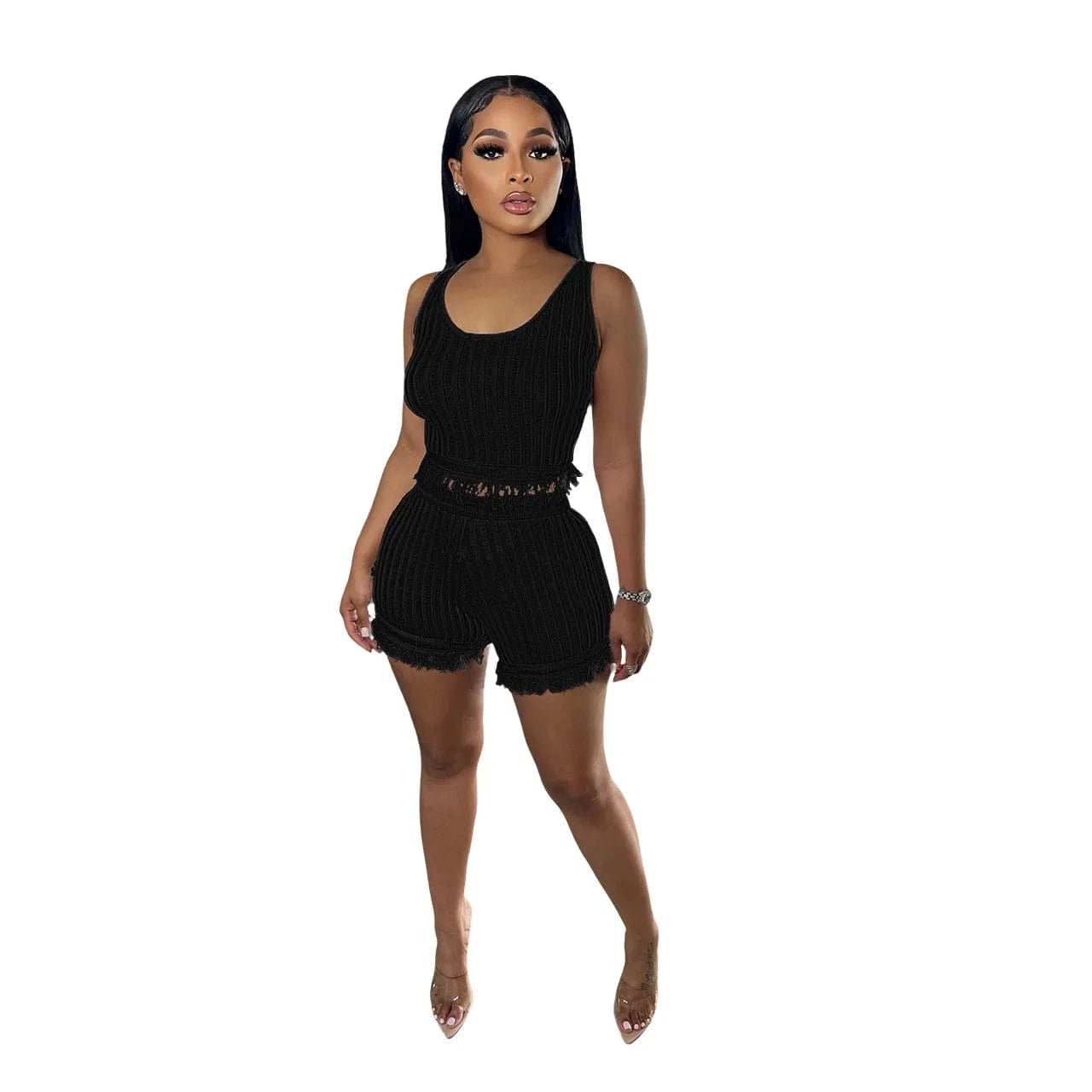 XL / Black Dropshipping products 2024 summer beach causal women's sets mesh tassel tank top and shorts set