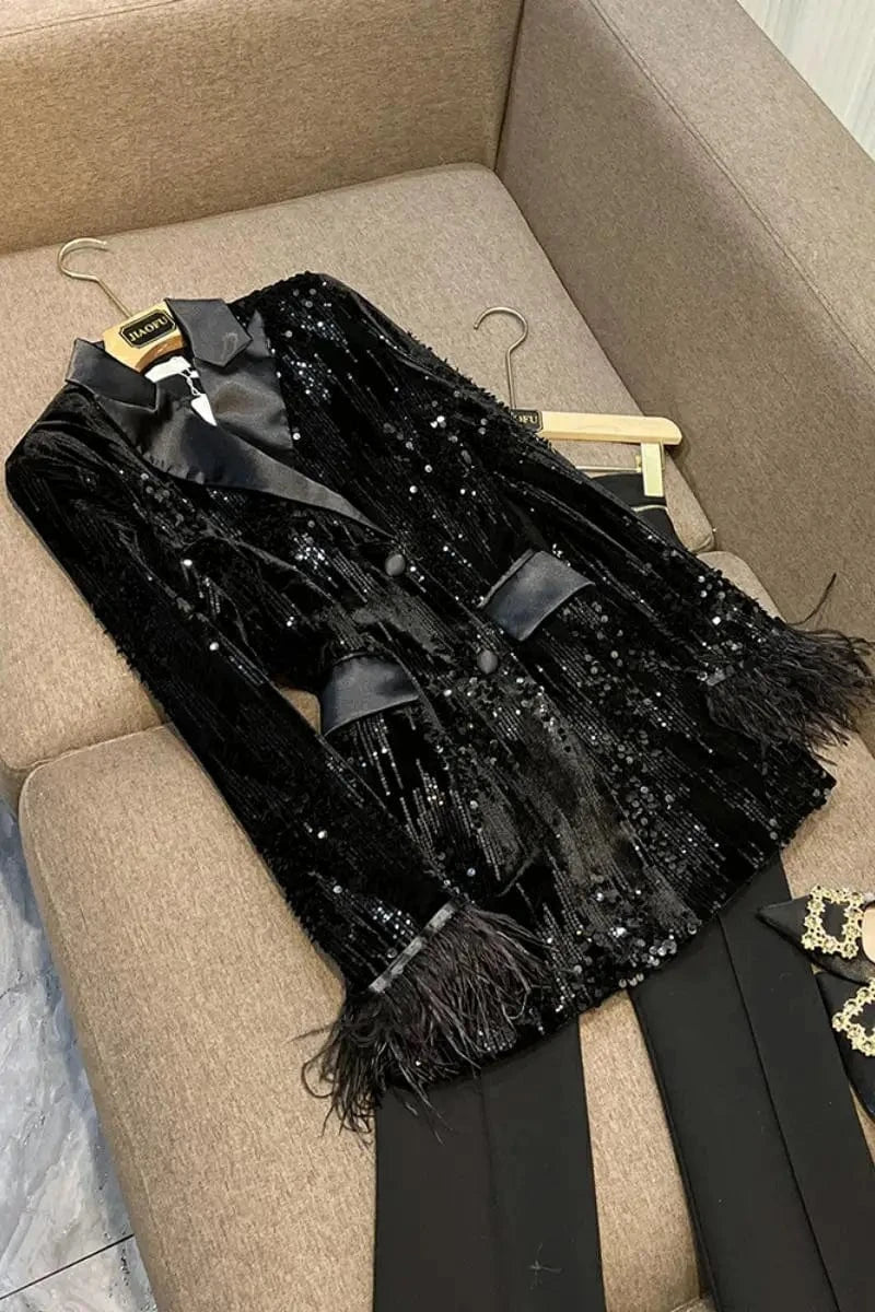 XL / Black Fine Workmanship All-over Shinny Sequins Designed Lady Streetwear Coat Women Long Sleeve Tassel Cuff Blazer Black