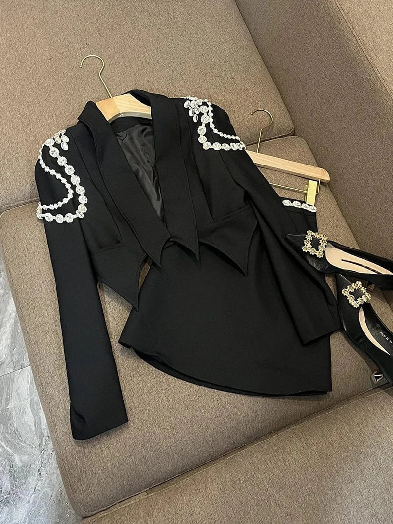 XL / Black Fine Workmanship Rhinestone Shoulder Waist Lady Suit Women Notched Long Sleeve Solid Short Blazer Skirts 2Pcs