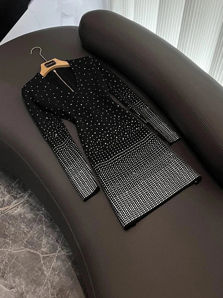 XL / Black Fine Workmanship Shinny Hot Drilling  Office Lady V-neckline Long Sleeve Women Gradient Skinny Short Slim Knitted Dress
