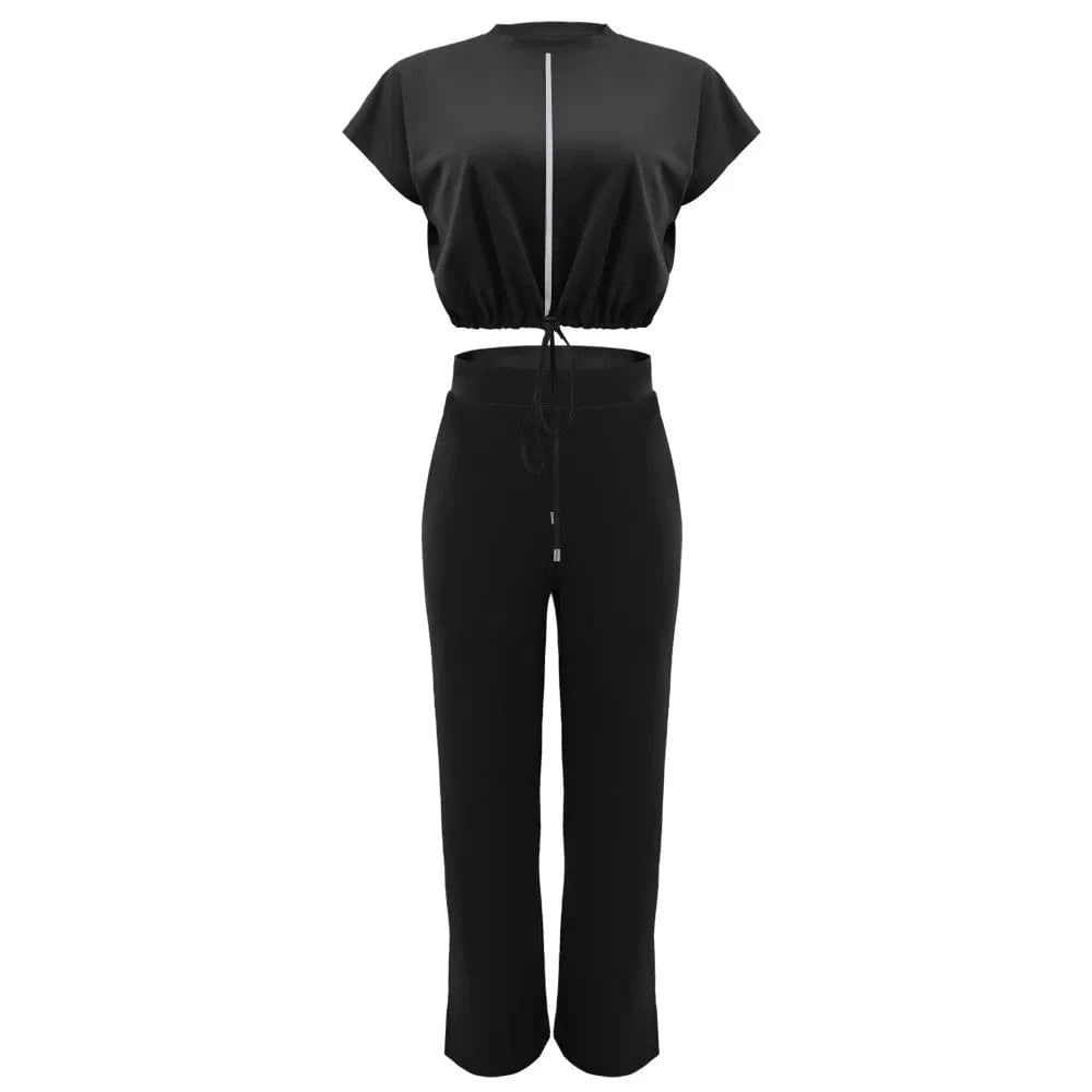 XL / Black GX10163 New Fashion Ladies Street Wear Short Sleeve Drawstring Cropped Top and Pant 2 Piece Set Women Clothing