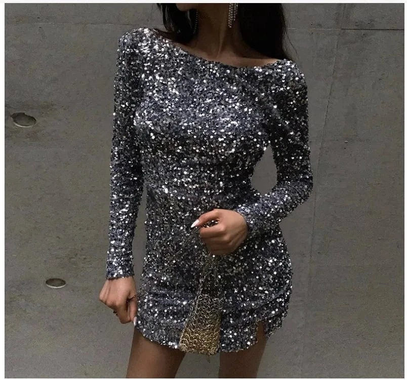 XL / Black Liu Ming Fashion Elegant 2024 Women Sexy Backless Sequins Long Sleeves Round Neck Wrap Hips Evening Party Bodycon Mini Dress