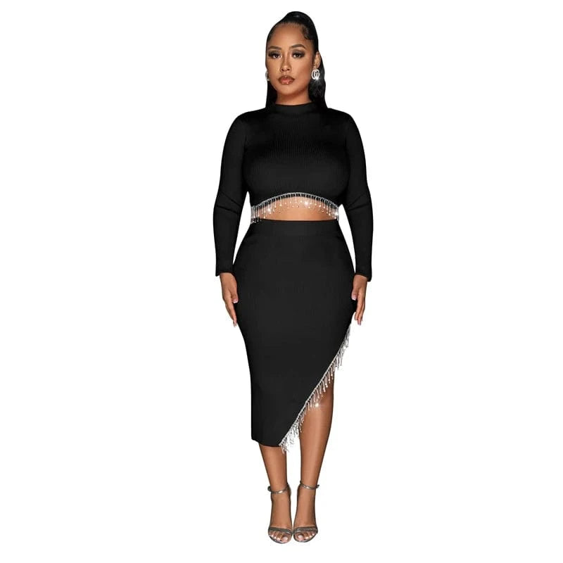 XL / Black new arrivals 2024 woman valentine party rhinestone bead crystal tassel 2 piece slit skirt set dress 2024 evening gown for women