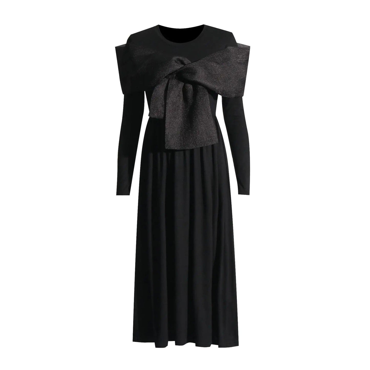XL / Black OUDINA 2024 Spring New Round Neck Front Bow Tie Dress Long-sleeved Mid-length Women's Solid Color Elegant Dresses