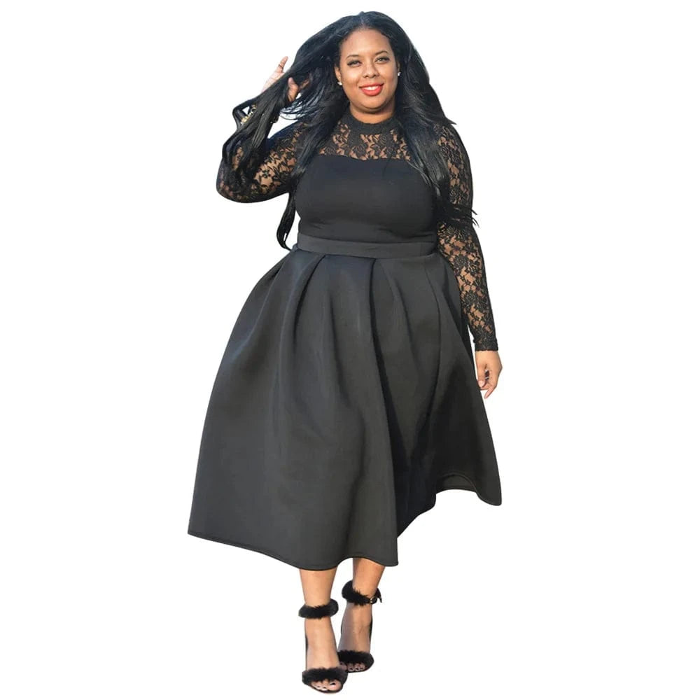 XL / Black popular products 2024 Spliced lace round neck long sleeve plus size women clothing 2024 elegant dresses