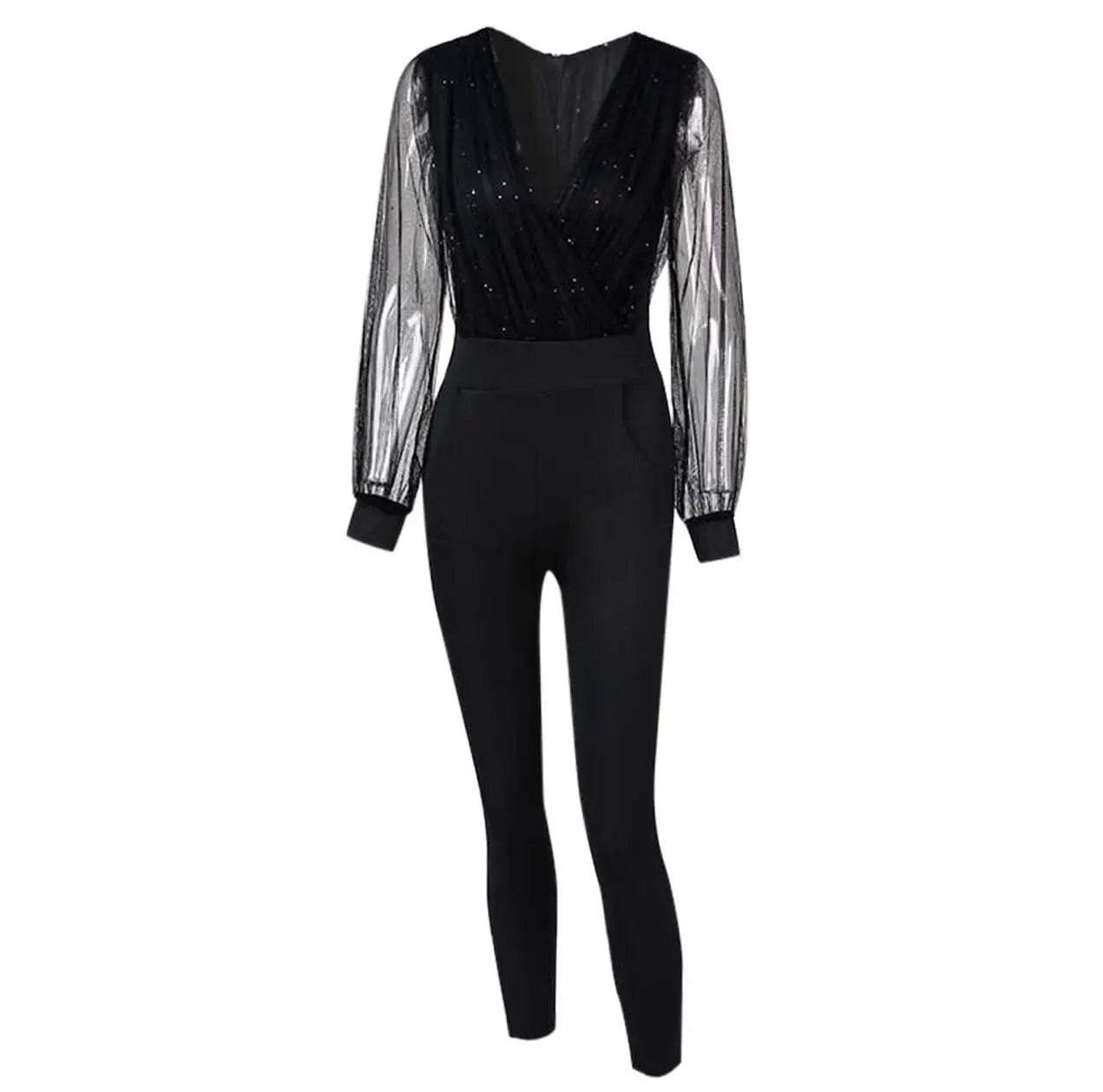 XL / Black Rompers Womens Jumpsuit Black Elegant Sequins Mesh Glitter Party Night Sexy Long Pants One Piece Overalls Autumn Long Sleeve