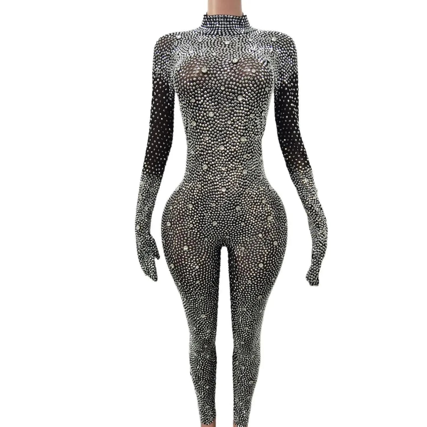 XL / Black Sparkly See Through Crystal One Piece Bodysuit Ladies Rompers Performance Dancer Leotard Plus Size Sexy Diamonds Mesh Jumpsuit