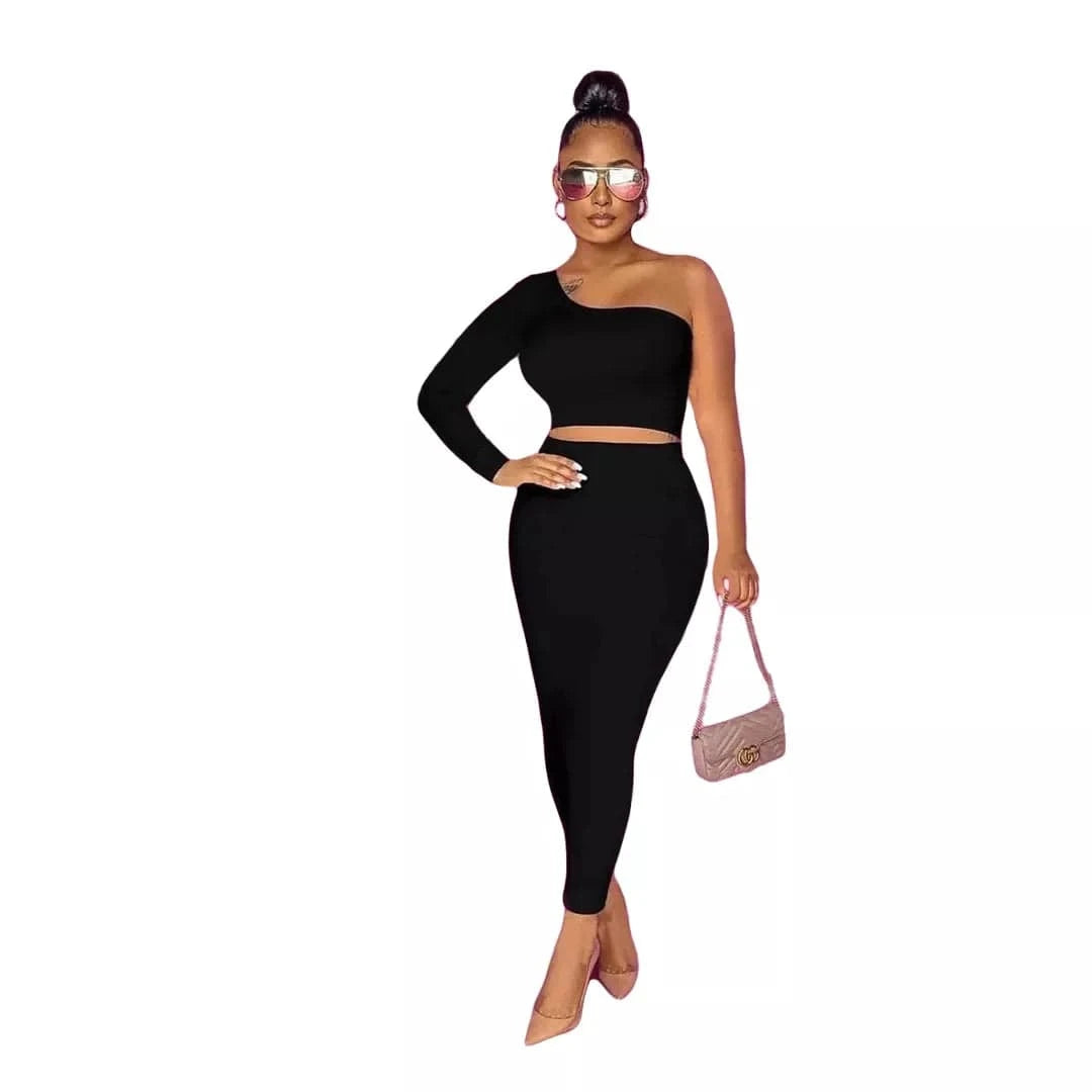 XL / Black Summer Fashion elegant shoulder out 2 piece skirt set Maxi Bodycon plus size two piece skirt set